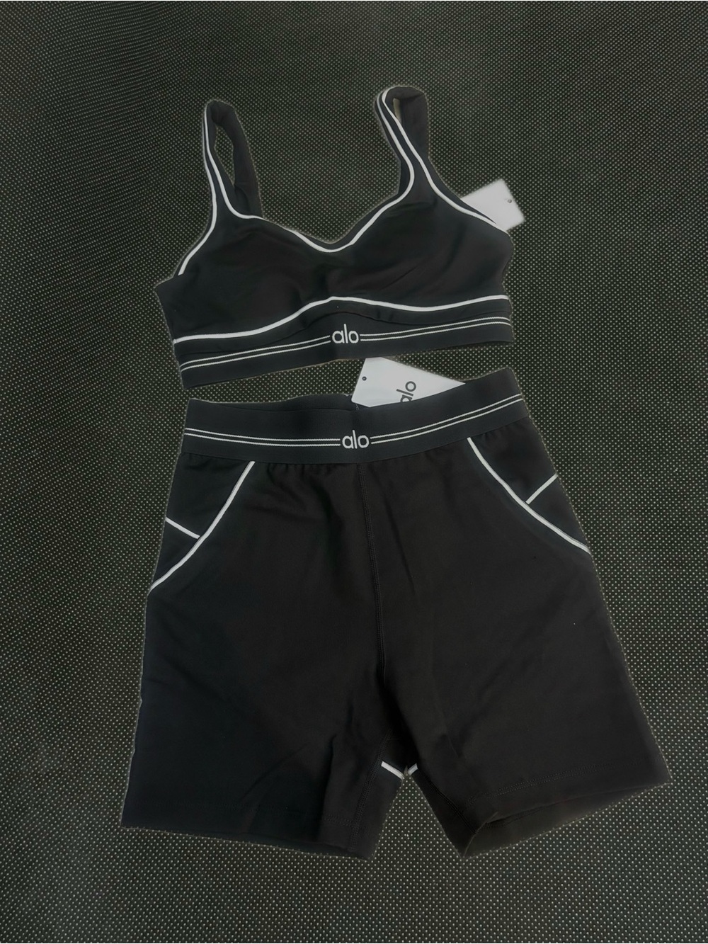 ALO Yoga Black Sports Bra & Bike Shorts Set with White Contrast Trim